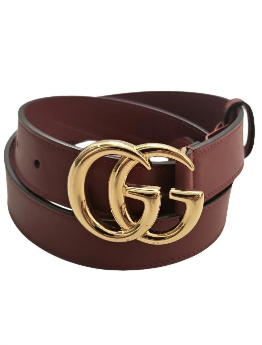 Gucci Rosso Ancora Dark Red Thin GG Marmont Leather Belt Shiny Gold Buckle